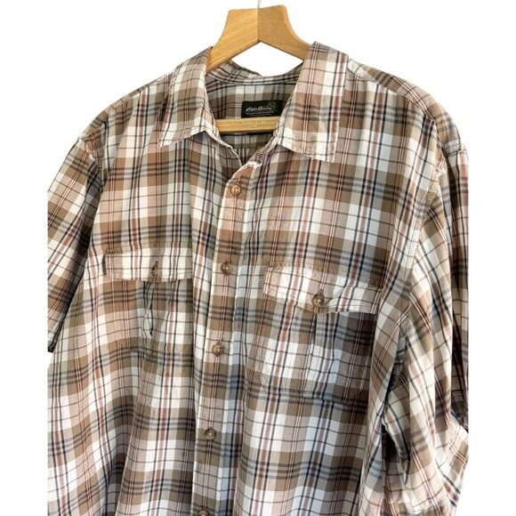 Eddie Bauer Men's Sz XXL Tan Brown Blue Plaid Short Sleeve Button Up Shirt - Picture 2 of 7